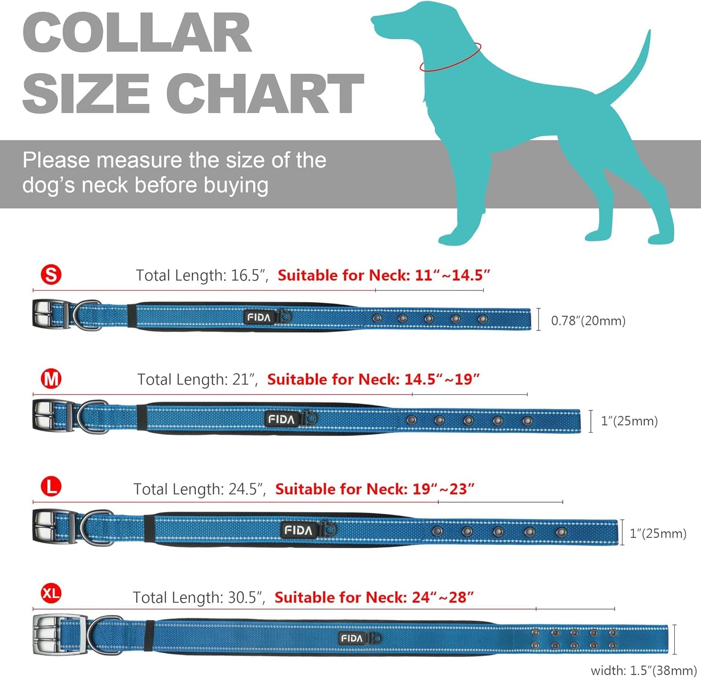 Fida Heavy Duty Dog Collar, Ultra Comfortable Soft Neoprene Padded, Adjustable Reflective Nylon Pet Collar with Durable Metal Belt Buckle for Small Breeds (S, Blue)