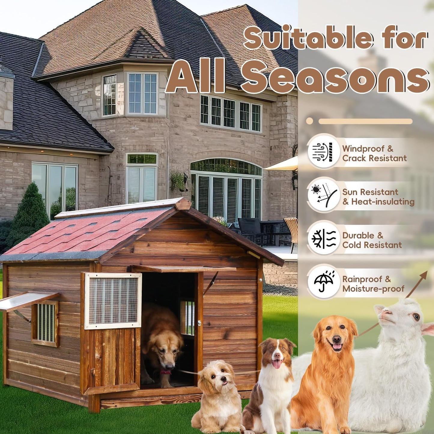 Dog House Outdoor for Large Breed Dogs,Waterproof Dog House Outdoor Outside with Weatherproof Finish,Door,Cozy Dog Kennel Indoor Large for All Seasons,4XL- 60.24"(D) X 47.24"(W) X 50.39 "(H)