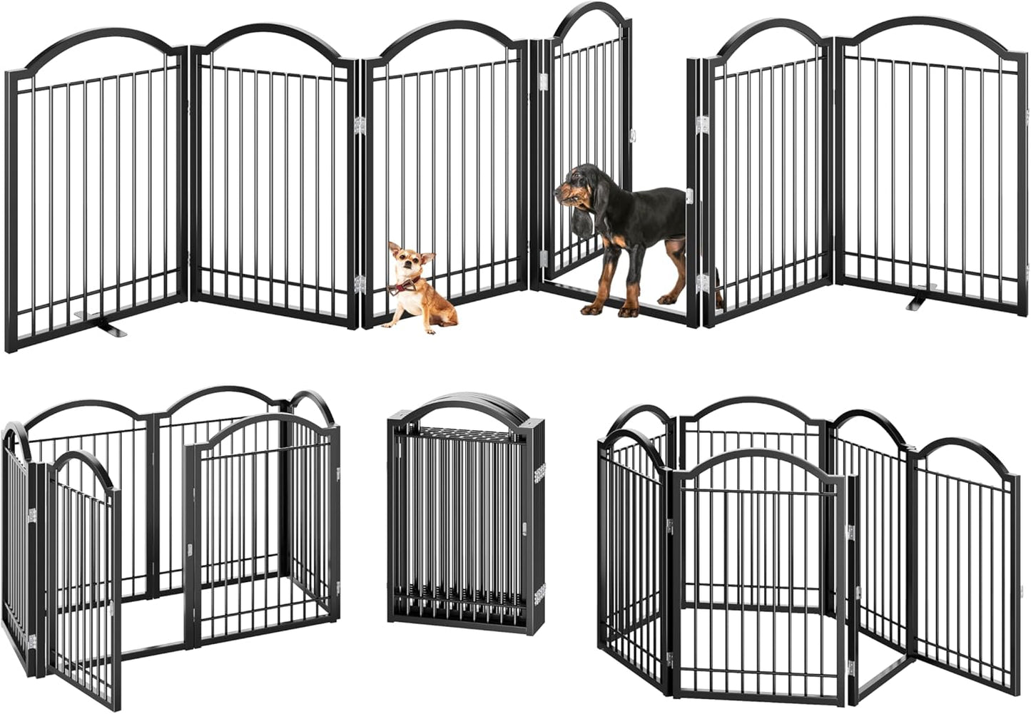BHG Metal No-Assembly Freestanding Dog Gate with Door Walk Through, Extra Wide 144", Extra Tall 32" Pet Gate, Accordion Puppy Folding Playpen Dog Fence, with 2PCS Support (Black, 6 panesl)