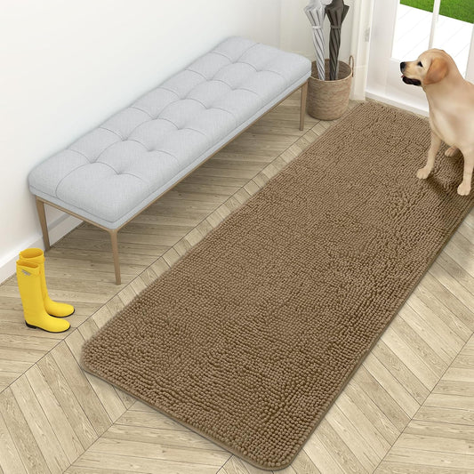 OLANLY Dog Door Mat for Muddy Paws 59x24, Absorbs Moisture and Dirt, Absorbent Non-Slip Washable Doormat, Quick Dry Chenille Mud Mat for Dogs, Entry Indoor Entryway Carpet for Inside Floor, Tan