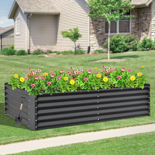 Domi Raised Garden Beds Outdoor, 8x4x1.5Ft Thickening Tall Metal Rectangular Deep Root Box Planter for Vegetables, Flowers, Herbs, and Succulents 1.5" Deep w/ 342 Gallon Capacity - Dark Gray