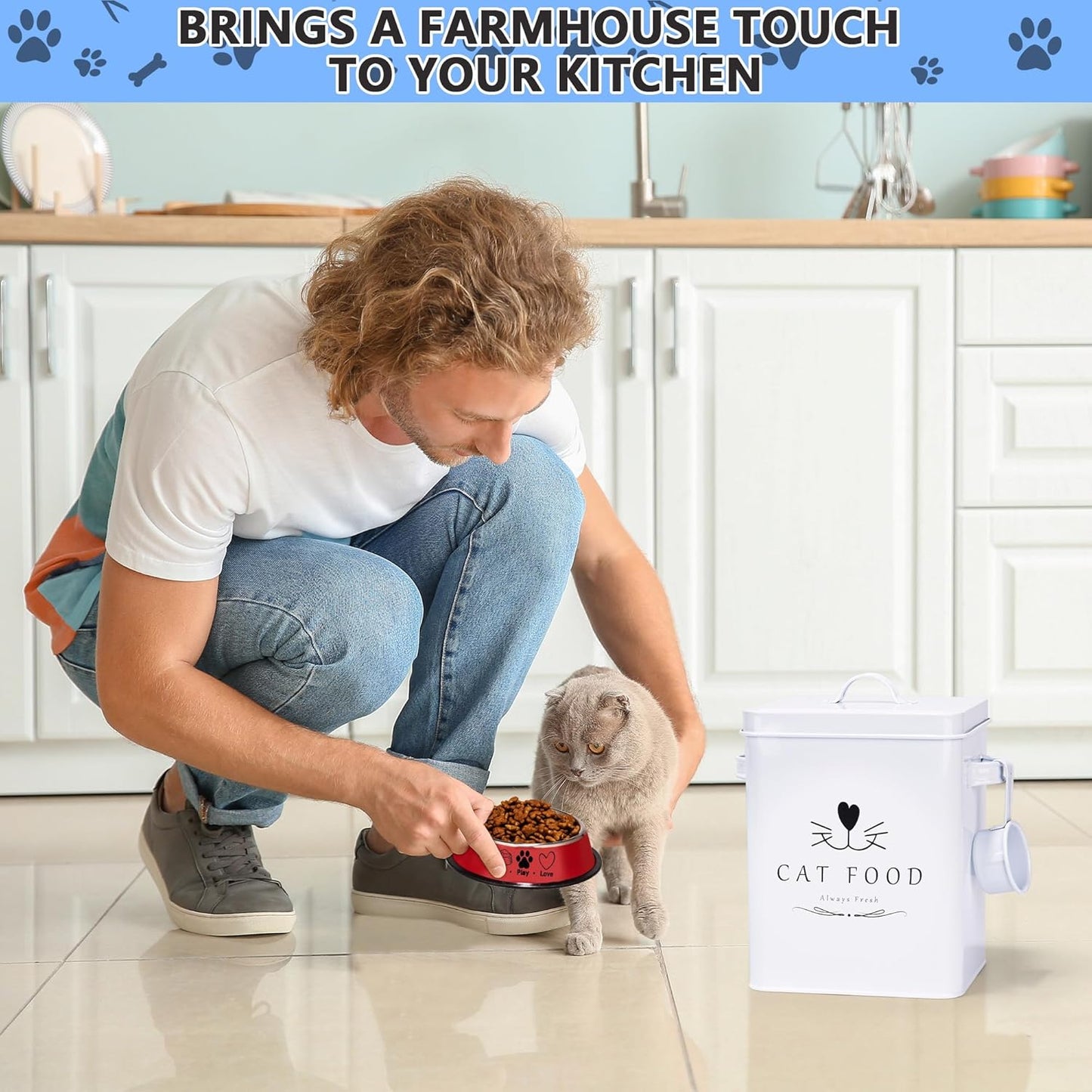 Meraki Home Farmhouse Cat Food and Treats Containers + Feed Scoop + Pet Food Bowl - Tight Lids - Large Metal Storage Bin - Great Gift for Cute Pets (Glossy White)
