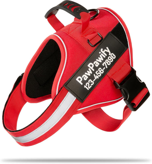 PawPawify Custom No Pull Dog Harness with Name and Phone Number, Heavy Duty Personalized Pet Vest to Prevent Tugging, Pulling, or Choking, Training and Walking (New Red, M (20-40 LBS))