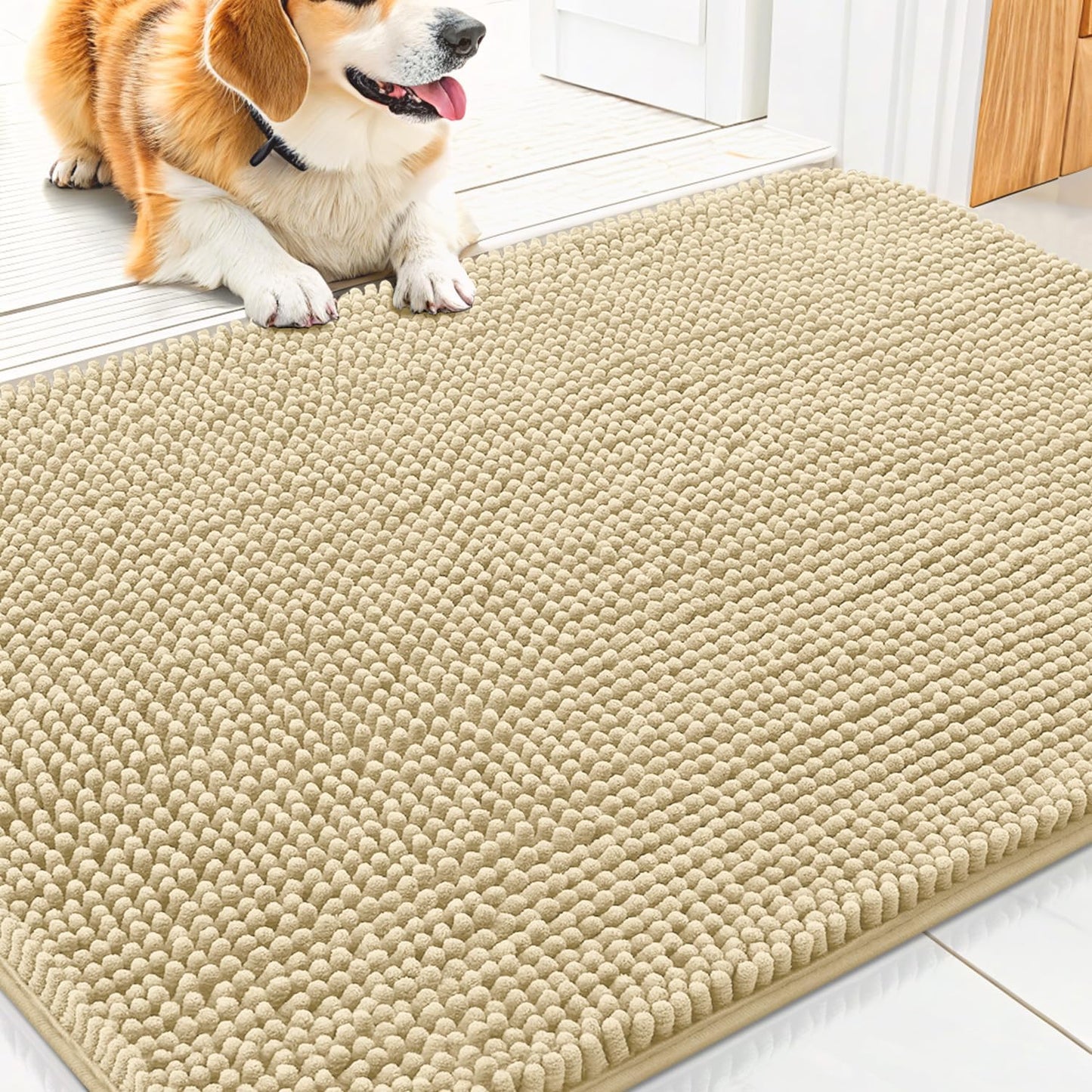 Smiry Dog Door Mat for Muddy Paws 30x20, Absorbs Moisture and Dirt Doormat, Non-Slip Washable Quick Dry Chenille Front Door Mat Indoor Entrance, Entryway Carpet for Inside Floor, Cream White