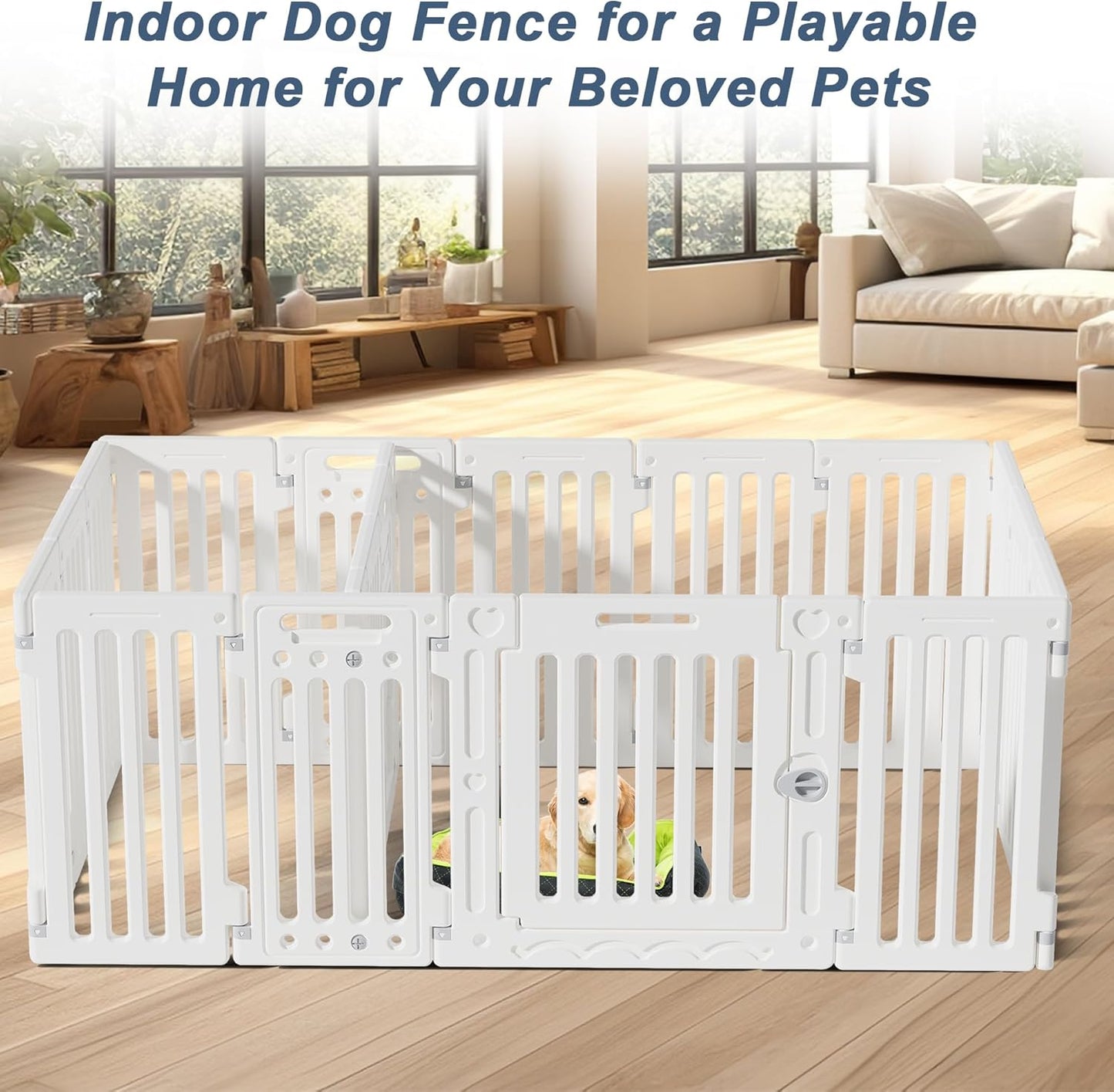 2 Room Dog Playpen with Door,DIY Shape Combination Puppy Pen,16-Panel+2 Link Piece+Large Door+Small Door,25.5" H Dog Fence,Non-Slip&Secure Pet Gate,Easy to Assemble