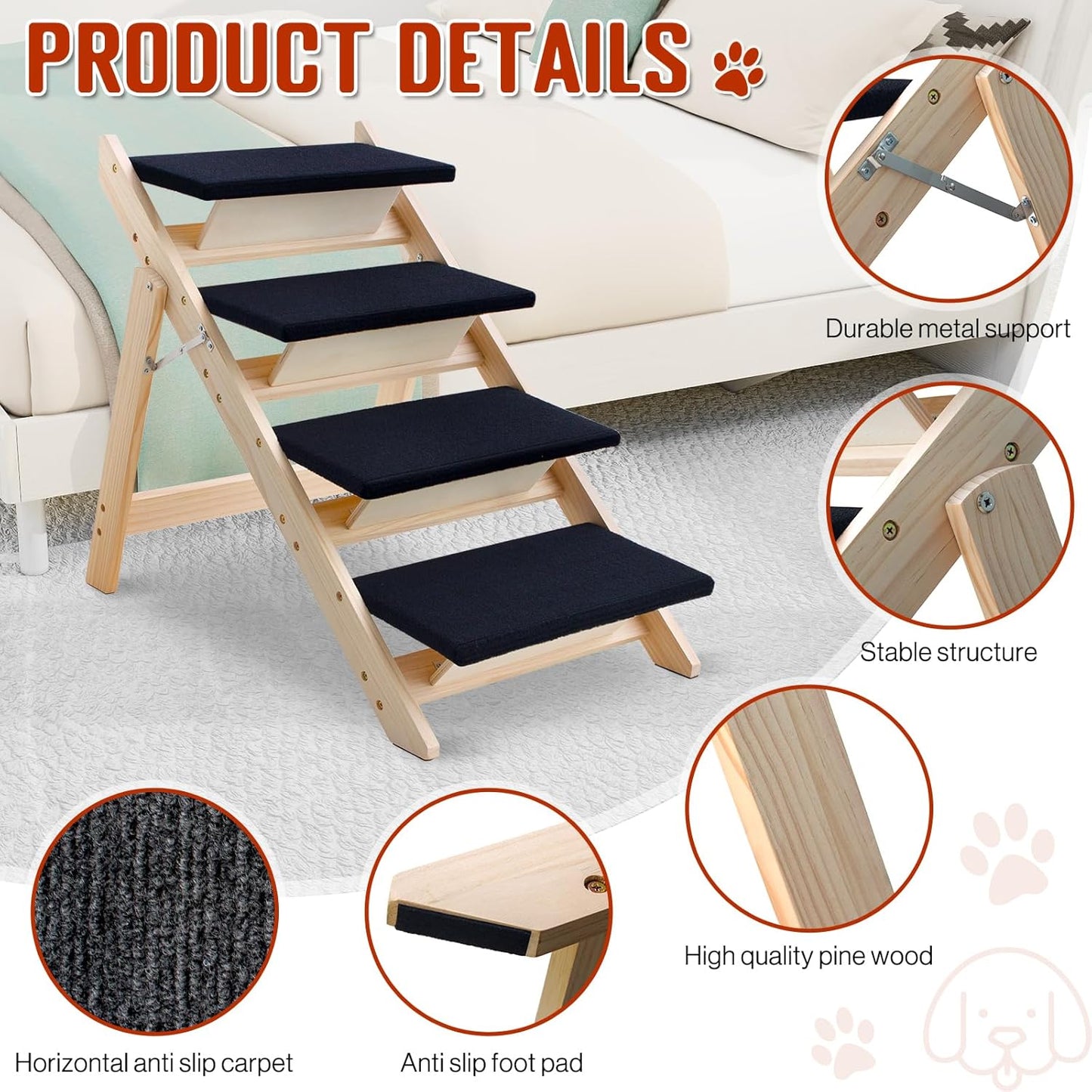 Wood Dog Stairs/Pet Steps, 2-in-1 Foldable Wooden Pet Ramp with Non-Slip Pet Stairs for Small to Medium for Bed,Sofa, Couch, Car, Indoor Pet Dog Cat 4 Steps Stairs Ladder Up to 110 Pounds