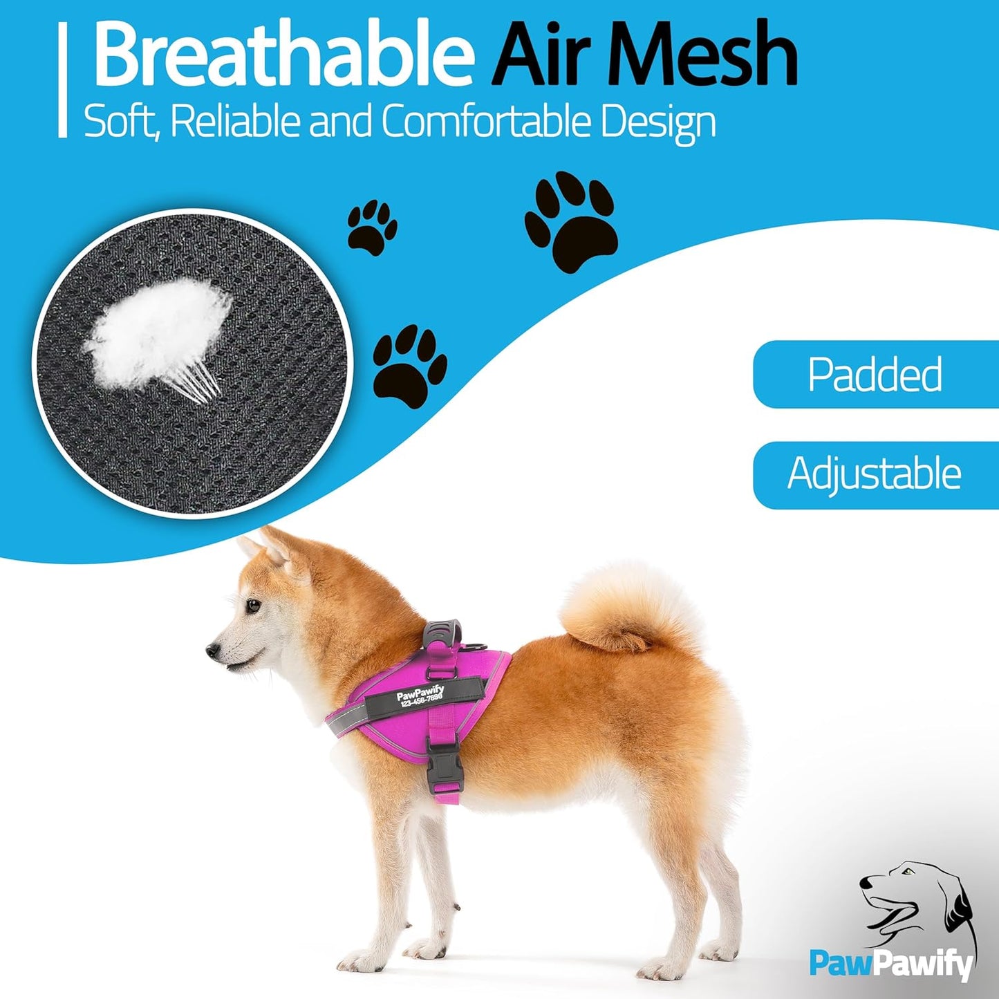 PawPawify Custom No Pull Dog Harness with Name and Phone Number, Heavy Duty Personalized Pet Vest to Prevent Tugging, Pulling, or Choking, Training and Walking (New Pink, XS (5-9LBS))