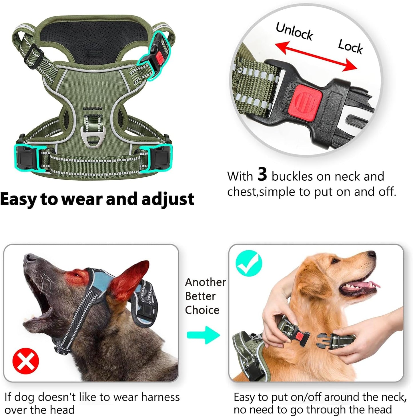 Timos Dog Harness Large Sized, No Pull Pet Harness with Neck Lockable Snap,No Choke Front Clip Dog Reflective Vest,Adjustable Metal Rings 3 Buckles,Easy Control Handle for Large Dogs Green XL
