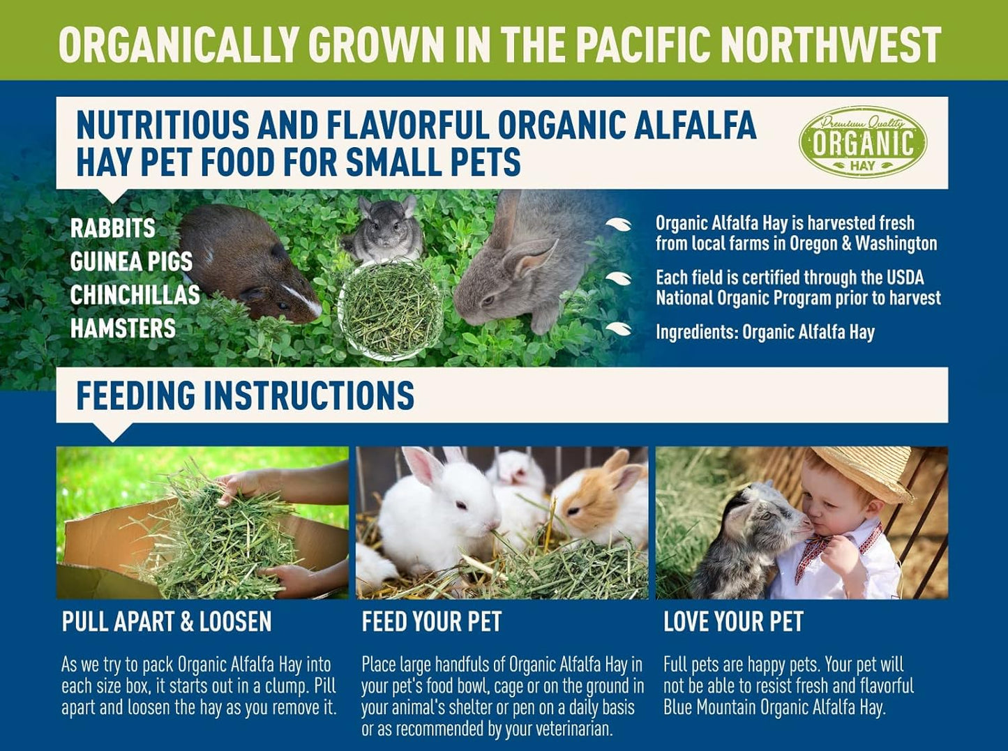 Blue Mountain Hay High-Altitude Hay - Organic Alfalfa, 10lb - High Protein, Fiber & Mineral-Rich - Soft, Leafy, High Leaf Retention - Ideal for Goats, Rabbits, Guinea Pigs & Other Small Animals