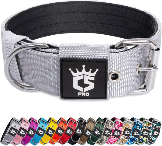 TSPRO Tactical Dog Collar 1.5 Inch Wide Thick Dog Collars with Heavy Duty Metal Buckle, Durable, Strong, Adjustable for Medium to Large Dogs (Silver M)