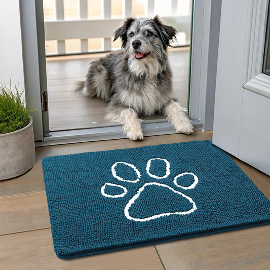 Smiry Dog Door Mat for Muddy Paws, Absorbent Dirt Trapper Non Slip Quick Dry Washable Chenille Mat for Mud Dogs, Entry Rug for Indoor and Outdoor (24x16 Inches, Atlantic Blue)
