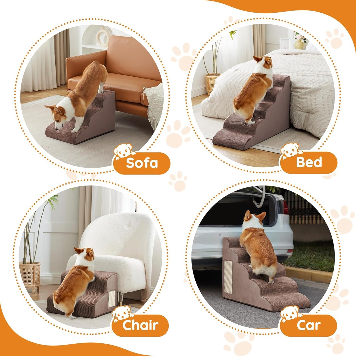 Dogs Steps for Bed, Dog Stairs for Small Dogs, 2-Step Dog Ramp for Bed, Couch, Sofa, and Chairs, Non-Slip Bottom Design, Cat Scratching, High Density Foam Portable Pet Step, Indoor, Coffee