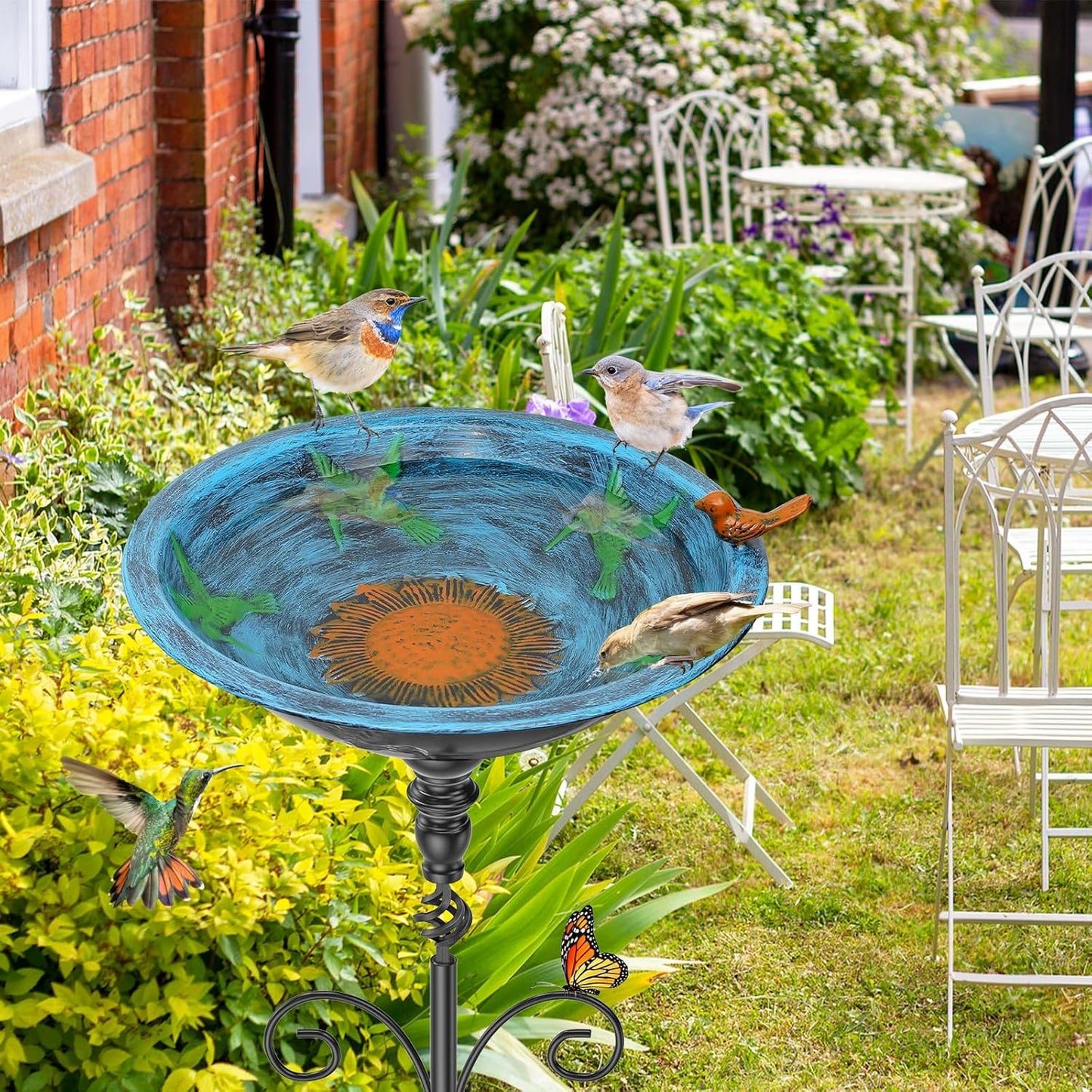 35In Tall Bird Bath for Outside, Vintage Metal Birdbaths & Birdfeeder with 5 Prong Bases for Outdoors, Freestanding Bird Baths Feeder Bowl with for Garden Yard Lawn Decor (Retro Blue)