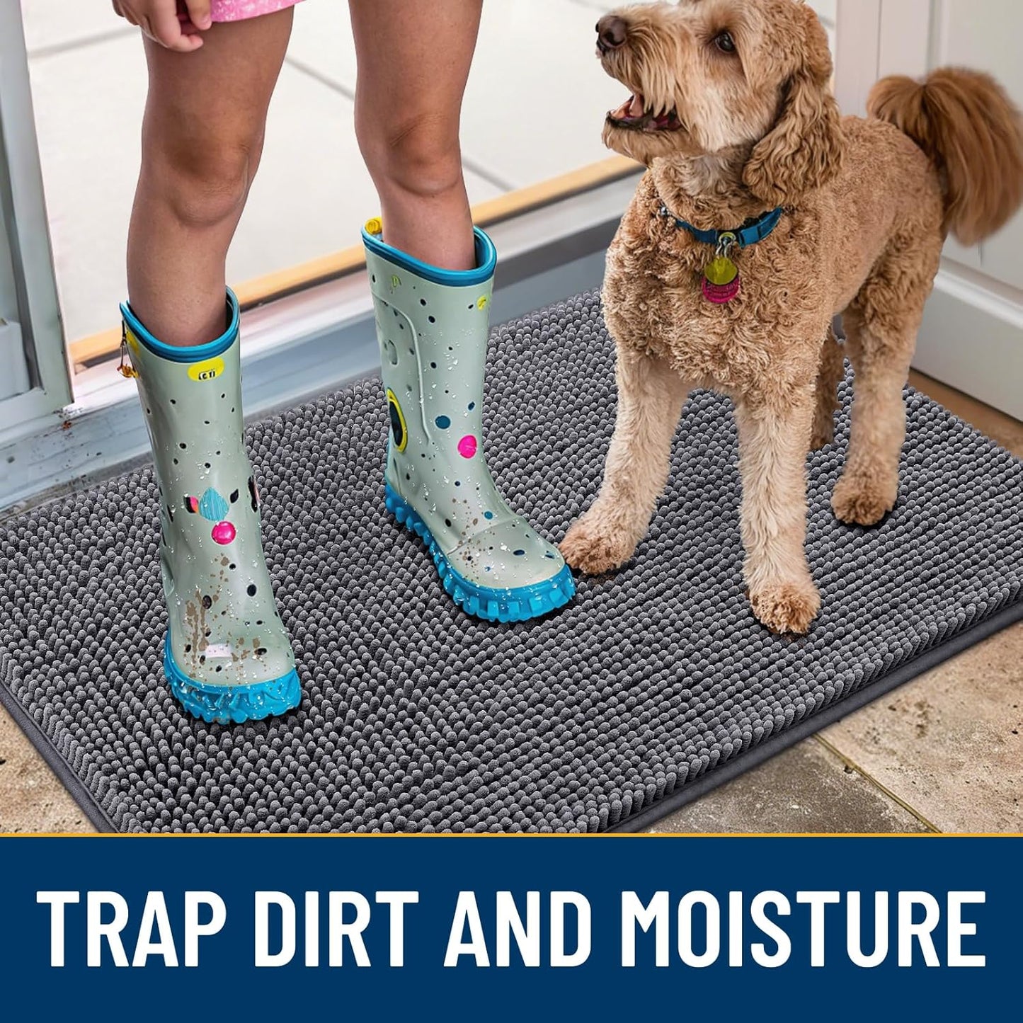 Smiry Dog Door Mat for Muddy Paws 71x46, Absorbs Moisture and Dirt Doormat, Non-Slip Washable Quick Dry Chenille Front Door Mat Indoor Entrance, Entryway Carpet for Inside Floor, Dark Grey