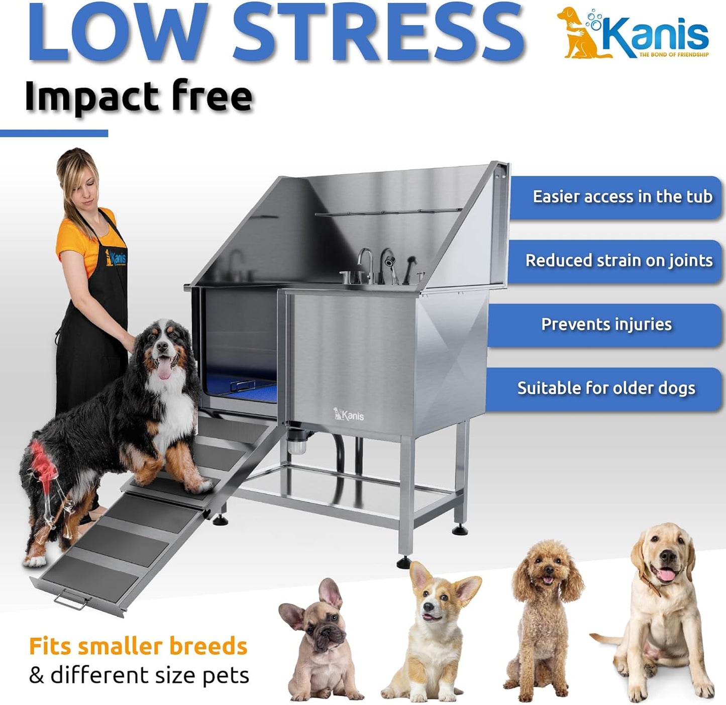 KANIS Professional Dog Washing Station - 304 Stainless Steel Pet Wash Sink & Grooming Bath Tub for Home with Ramp, Shower, Floor Grate, Storage Shelf, Faucet, Drain Kit for Large, Medium & Small Pets
