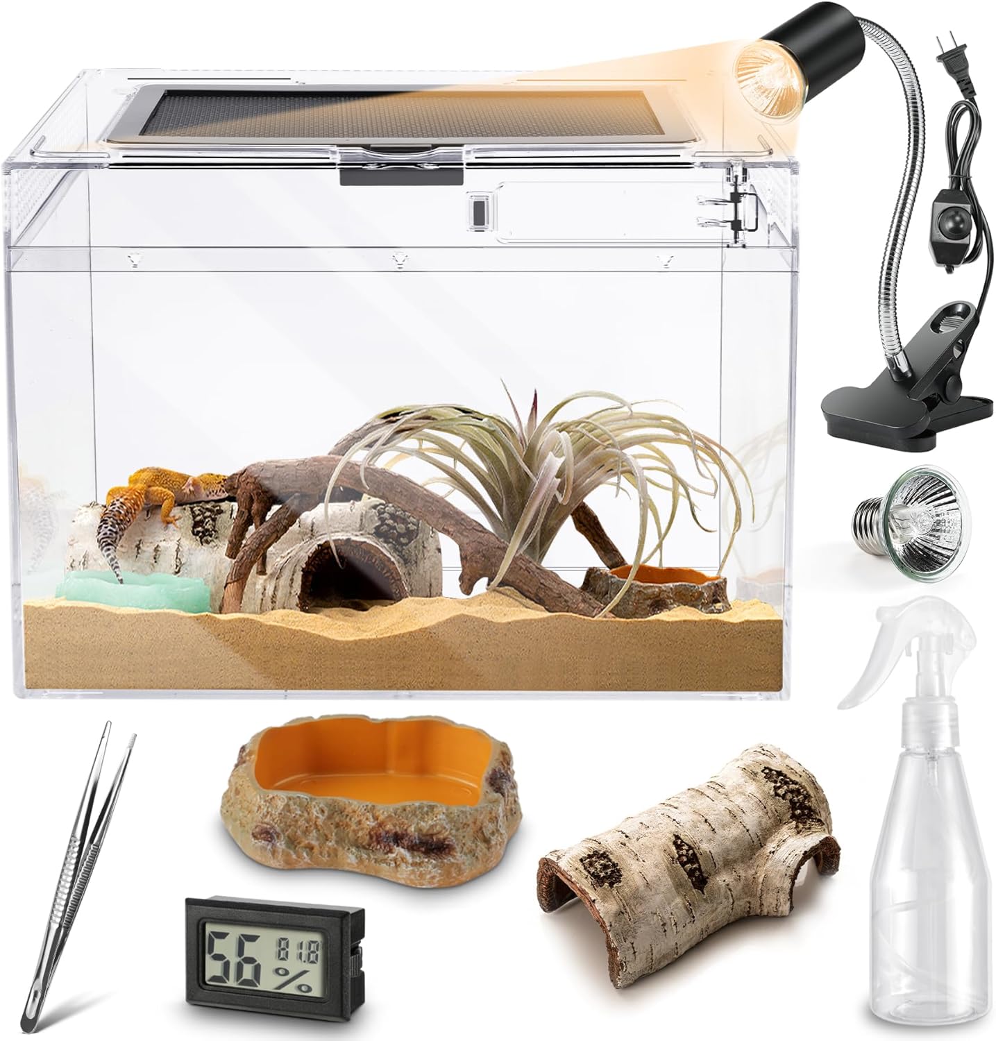 Reptile PC Terrarium,Anti Breakage 19.5x9.4x10.5 in Amphibians Tank Starter Kits,Top Sliding Door Gecko Starter Screen Ventilation Mini Habitat Cages,Hygrometer Thermometer,Hide Cave,Tweezer,Sprayer