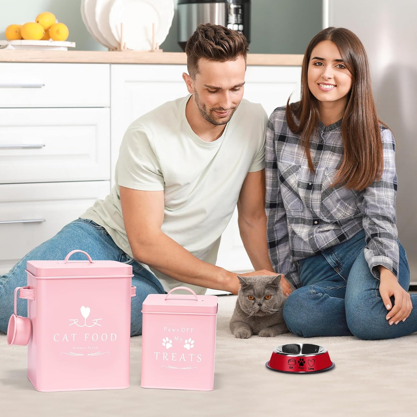 Meraki Home Cat Food Container and Treat Container - Tight Lids - Feed Scoop and Pet Food Bowl - Farmhouse Metal Storage Bin - Great Gift for Small Pets - Matte Pink