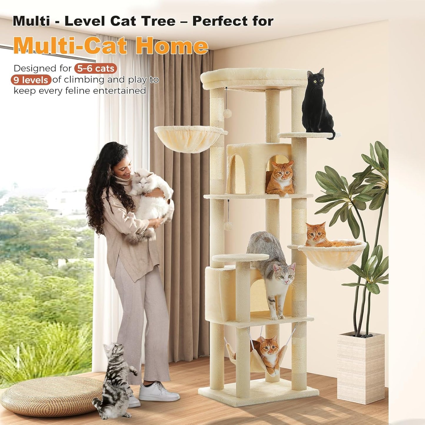 71.2" Tall Cat Tree for Indoor Cats - 9-Level Multi-Cat Tower w/5 Sisal Scratching Posts, 2 Condos, 3 Hammocks, Perch & Pom Poms - Heavy-Duty for Adult Cats, Space-Saving Plush Beige