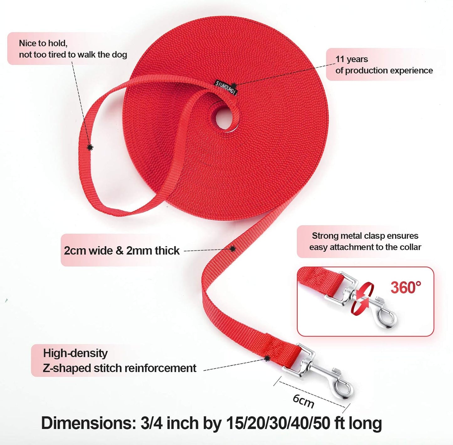Dog/Puppy Obedience Recall Training Agility Lead - 15ft 20ft 30ft 40ft 50ft Training Leash - Great for Training, Play, Camping, or Backyard (30 Feet, Red)