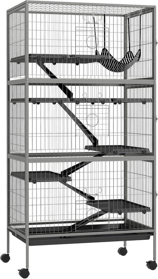 PawHut 63" 6-Tier Small Animal Cage, Ferret Cage, Large Chinchilla Cage with Hammock Accessory & Heavy-Duty Steel Wire, Small Animal Habitat with 6 Doors, Removable Tray, Gray