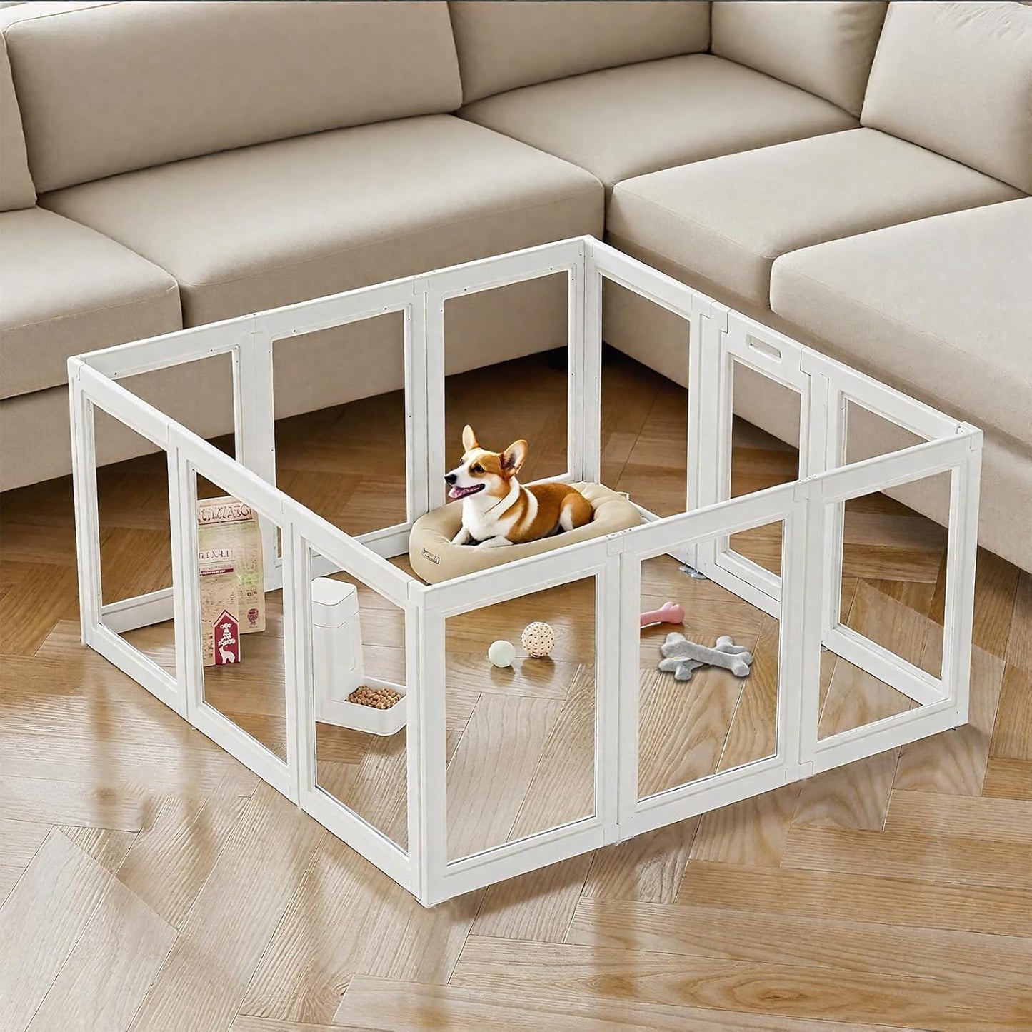 Clear Acrylic Dog Playpen Transparent Dog Playpens Indoor, Small Pet Play Pen for Small Dogs, Puppies, Cats & Rabbits, Assemble & Disassemble, with Door & Suction Cups (23.6" H, 8PCS),White