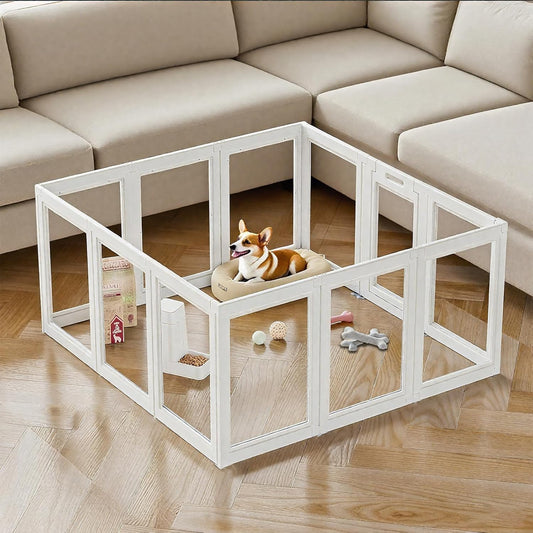 Clear Acrylic Dog Playpen Transparent Dog Playpens Indoor, Small Pet Play Pen for Small Dogs, Puppies, Cats & Rabbits, Assemble & Disassemble, with Door & Suction Cups (23.6" H, 8PCS),White