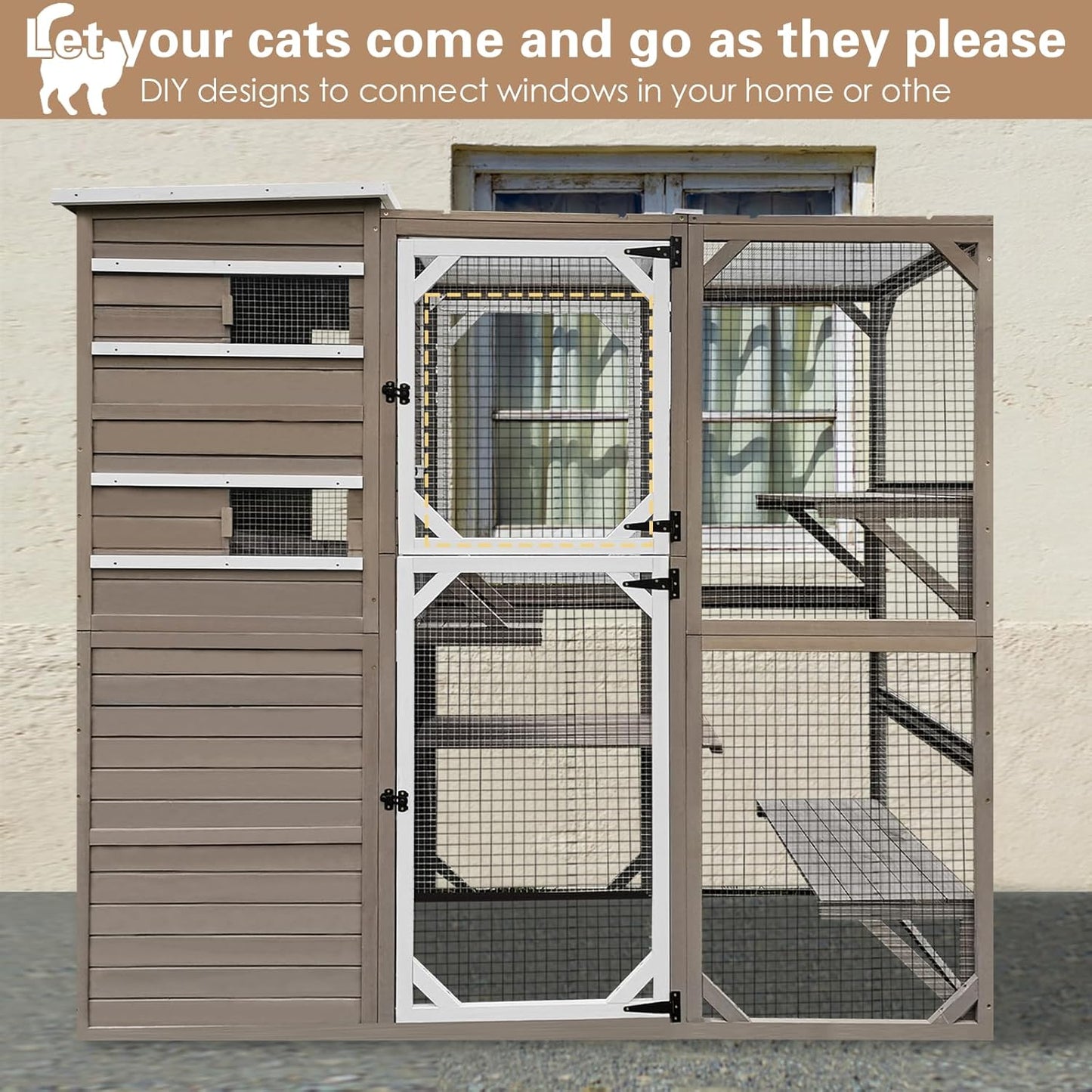 Catio Outdoor Cat Enclosure, Large Cat House Cat Cage Condo Indoor Playpen Kitty Shelter with Multi-Level Platforms, Waterproof Roof, Pull-Out Tray, and 2 Resting Boxes
