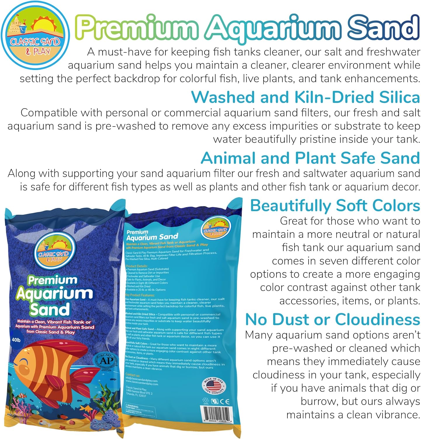 CLASSIC SAND & PLAY Natural Aquarium Sand for Freshwater and Saltwater Tanks, 40 lb. Bag, Improves Filter Life and Filtration Process, Pre-Washed Fine Sand, Blue