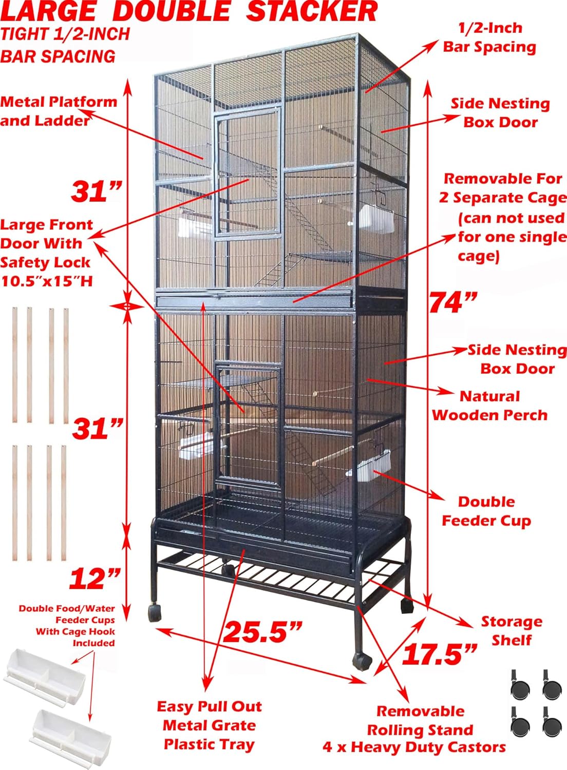 Large Double Stacker Breeding Flight Bird Wrought Iron Double Parrot Bird Separate Breeder Cages Side Nesting Box Doors Easy to Clean Bottom Grates and Trays Removable Rolling Stand