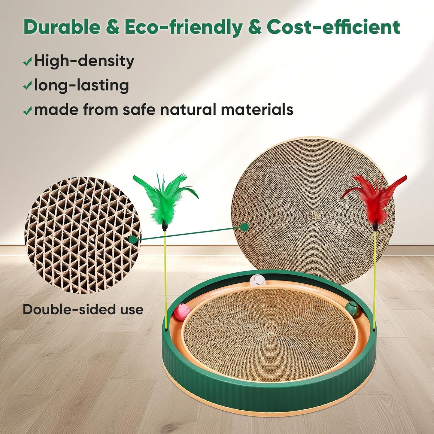 20-Inch Round Cat Scratcher with Ball Track – 3-in-1 Cardboard Scratching Pad with Feather Toy & Non-Slip Base – Interactive Cat Toy for Indoor Cats, Kittens & Large Cats (Green)