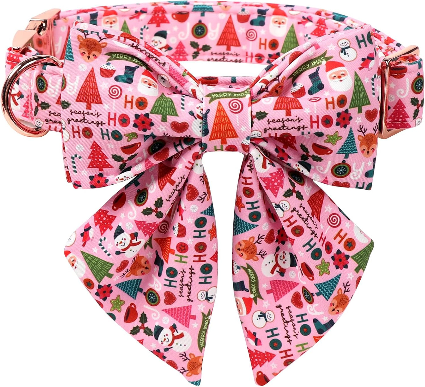 Lionet Paws Christmas Dog Collar with Sailor Bow, Cute Ho Christmas Tree Snowman Pink Dog Collar Bow Tie for Large Dogs, Neck 16-24 inches