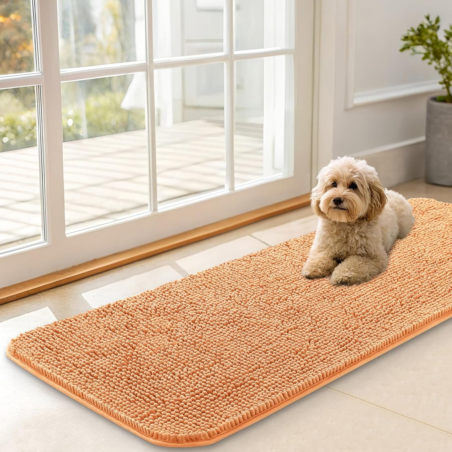 OLANLY Dog Door Mat for Muddy Paws 47x17, Absorbs Moisture and Dirt, Absorbent Non-Slip Washable Doormat, Quick Dry Chenille Mud Mat for Dogs, Entry Indoor Entryway Carpet for Inside Floor, Orange