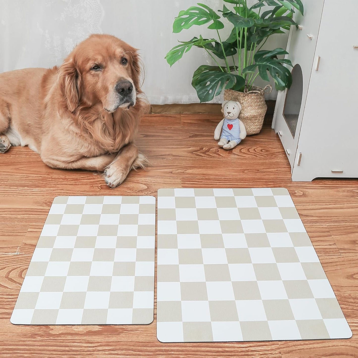 Ralxion Checkered Dog Feeding Mat, Absorbent Mats for Dog Food and Water Bowl, Dispenser, Retro Aesthetic Khaki Beige Checkerboard Pet Placemat for Dogs, Cats, Puppy Accessories, 12" X 19”