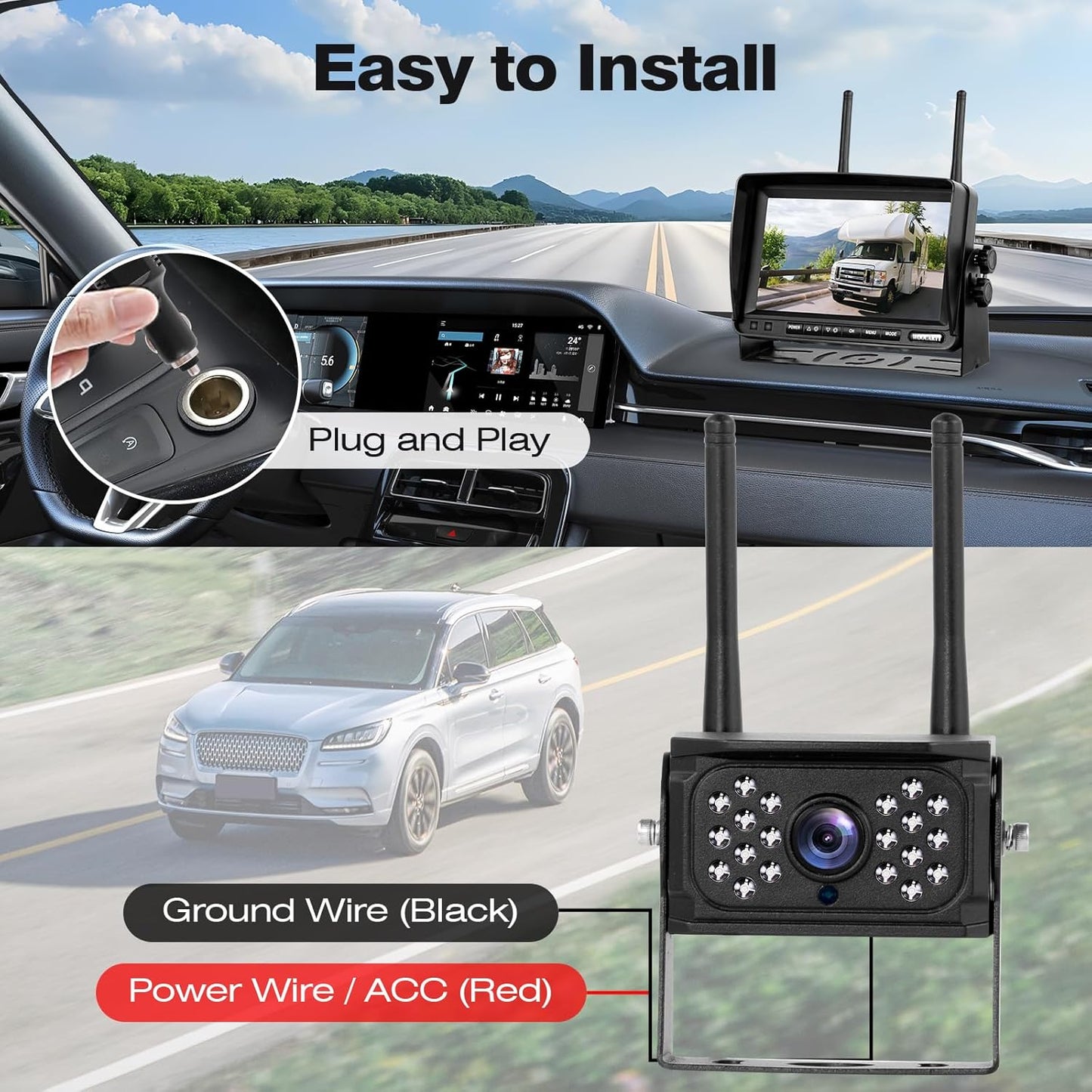 7 Inch Wireless RV Backup Camera System for Truck/Trailer/Camper/Bus, 1080P Dual/Quad Split Screen with DVR, Clear Night Vision, Support 4 Cameras, IP68 Waterproof Digital Wireless System