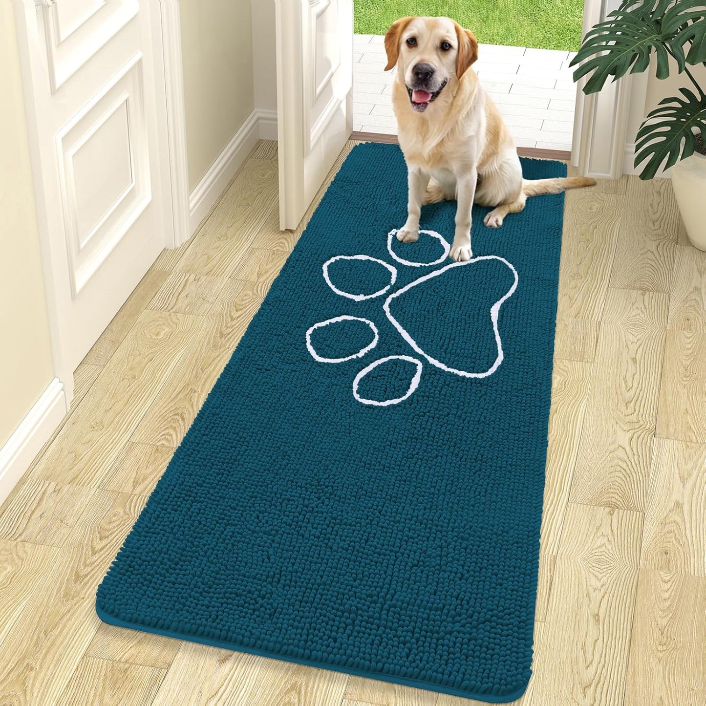 OLANLY Door Mat for Muddy Dog Paws 70x24, Absorbent Chenille Mud Doormat with Paw Print Design, Non-Slip Washable Doormat for Indoor Entryway, Quick-Dry Pet Bed Mats for Dirty Dogs, Atlantic Blue