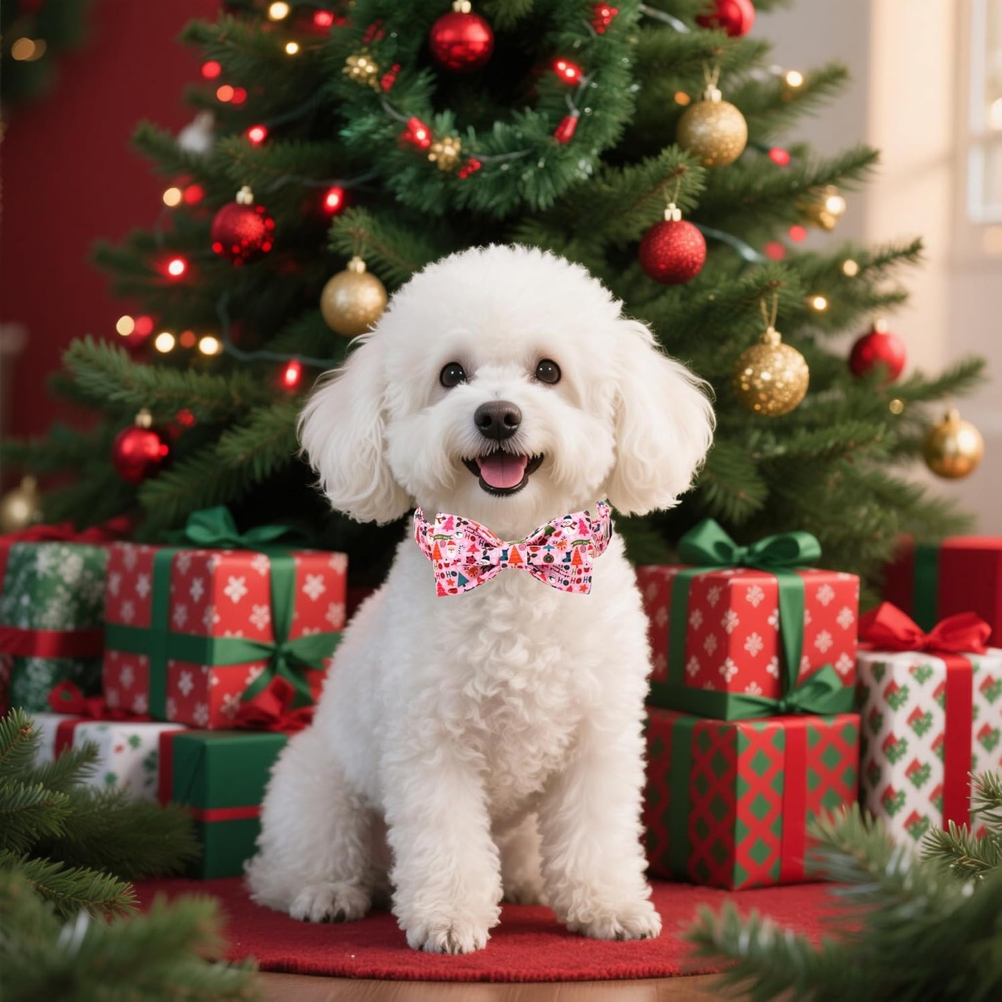 Lionet Paws Christmas Dog Collar with Bow tie,Cute Ho Christmas Tree Snowman Pink Dog Collar Bow Tie for Dogs Female, Small, Neck 10-16 inches