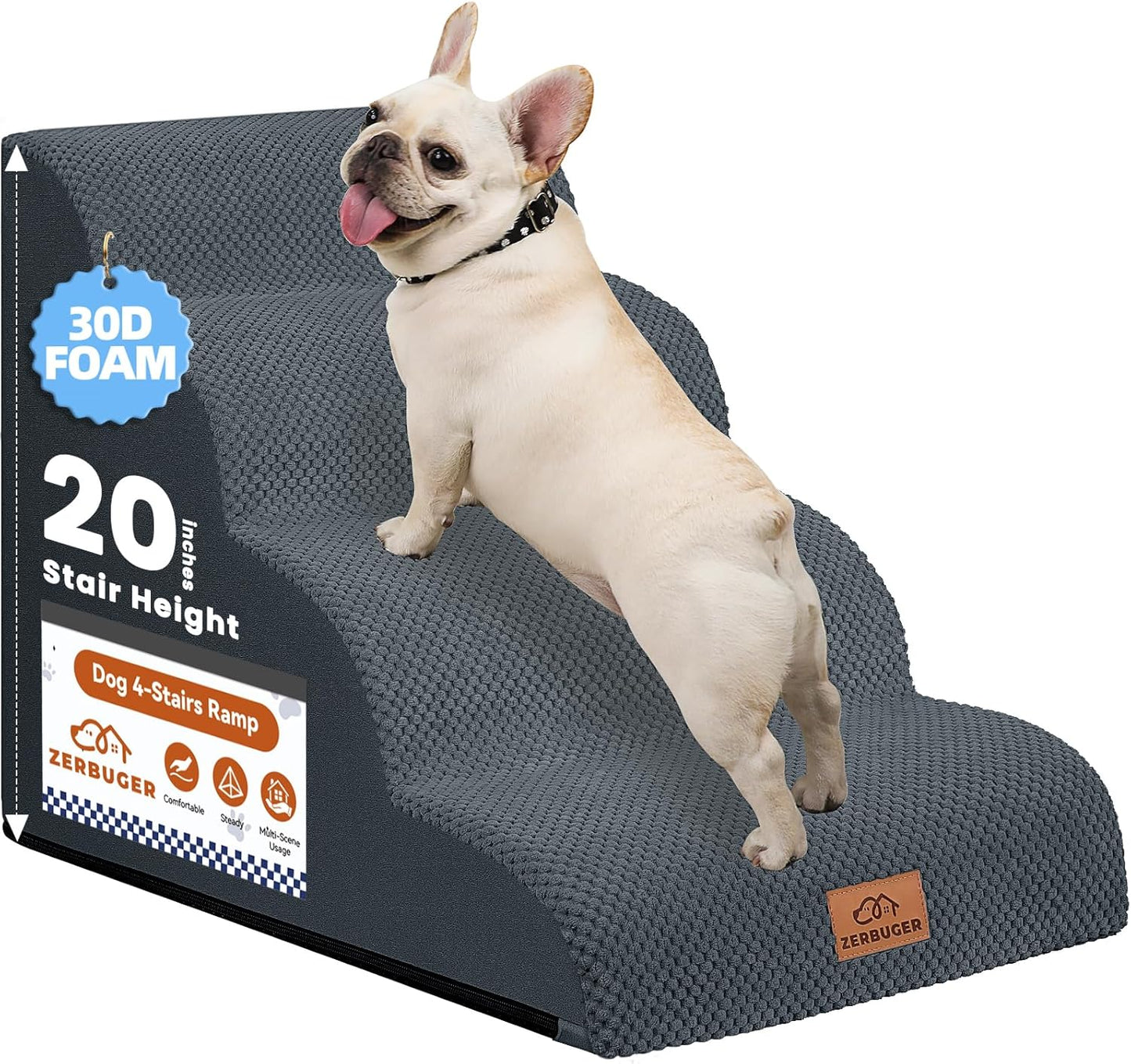 Dog Ramp and Stair for Bed 16" H-20 H,3-Step Cat Stair for Sofa and Chair,4-Step Dog Ramp for High Bed and Window,Durable Nonslip Fabric Cover for Indoor (Dark Grey-20 H, Pet Friendly, 4)