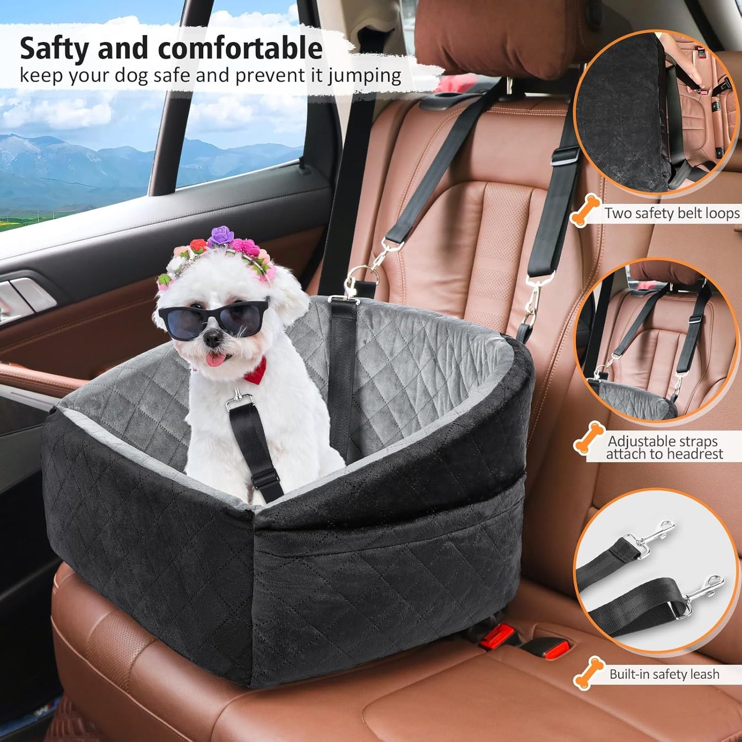 Dog Car Seat for Small Dogs,Detachable Washable Dog Booster Seat Under 30lbs, Pet Car Seat Travel Bed with Storage Pockets and Dog Safety Belt (Black/Grey)