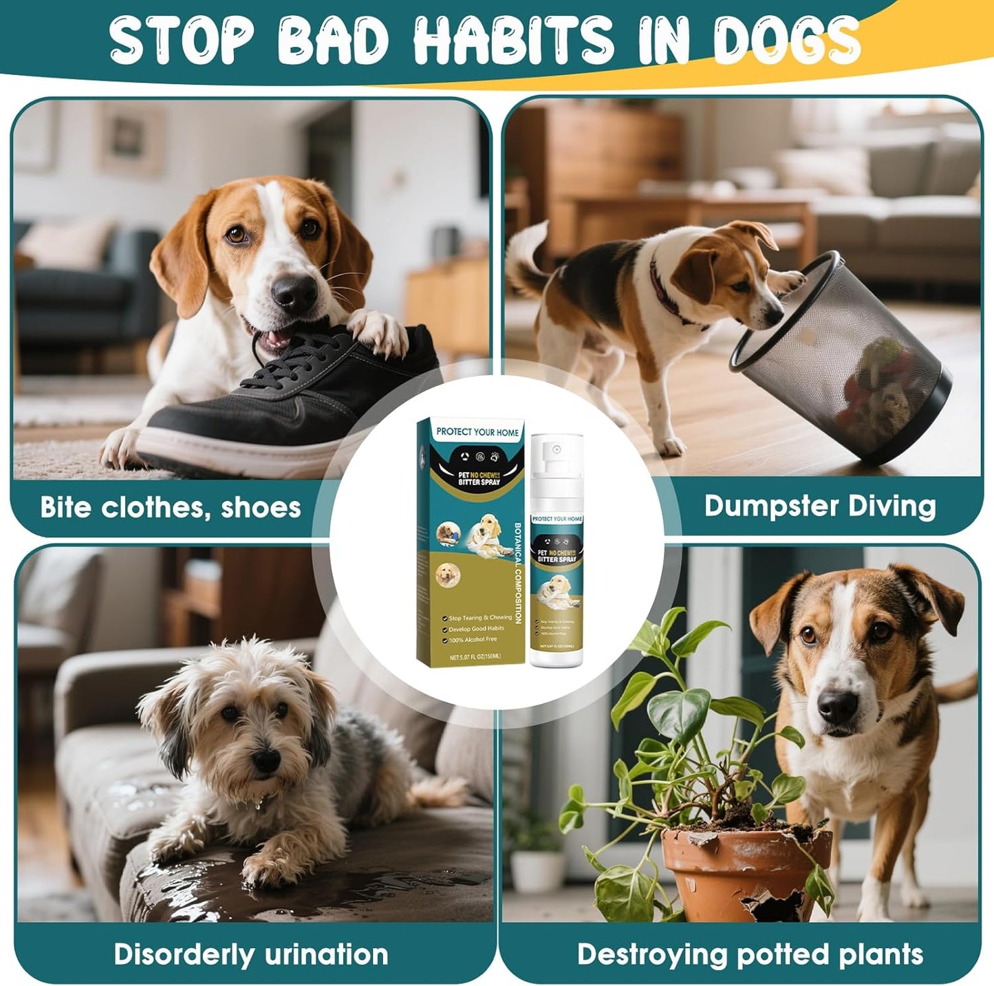 TEFELE 150ML No Chew Spray for Dogs Bitter Apple Spray Deter Dogs from Chewing Keep Furniture and belongings Safe from Licking and Chewing Helps Prevent Repeated Marking by Pets