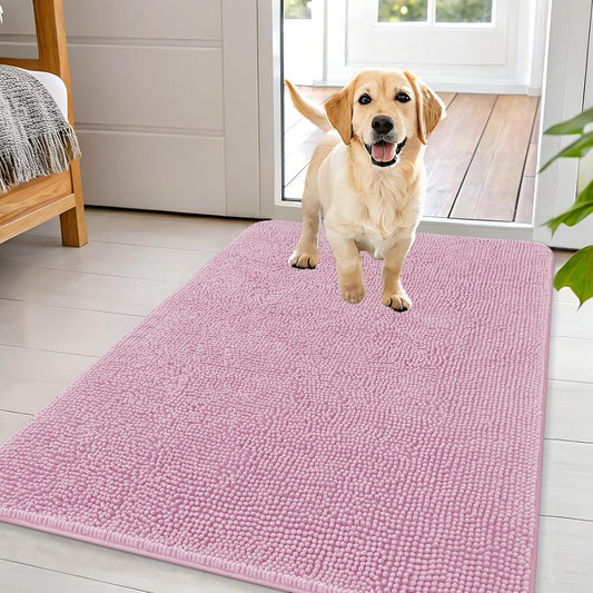 OLANLY Dog Door Mat for Muddy Paws 44x32, Absorbs Moisture and Dirt, Absorbent Non-Slip Washable Doormat, Quick Dry Chenille Mud Mat for Dogs, Entry Indoor Entryway Carpet for Inside Floor, Dusty Rose