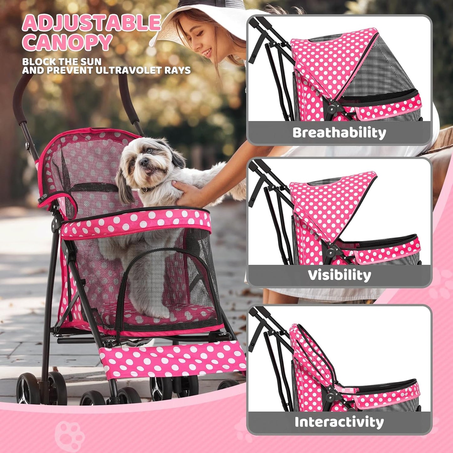 Magshion Compact Pet Stroller for Small-Medium Dogs/Cats up to 22lbs, 4-Wheel Lightweight Umbrella Shaped Portable Puppy Travel Jogger with Breathable Mesh & Rear Storage, Pink Polka Dots