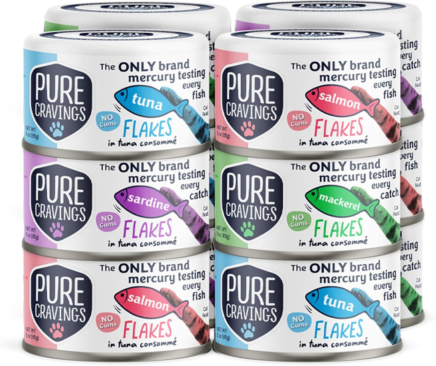Flakes in Tuna Consommé, Canned Wet Cat Food Soup, 100% Mercury-Tested, Moist Can Fish, Grain-Free Protein, Non-GMO, 3oz, Variety Pack 3X Tuna, 3X Salmon, 3X Sardine, 3X Mackerel