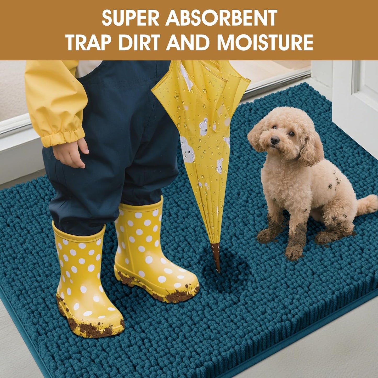 Extra Large Dog Door Mats for Muddy Paws, Chenille Absorbent Door Mats, Non Slip Heavy Indoor Door Mat for Dogs, Soft Dog Mat for Entryway, Mud Paws, Inside Floor,60" x 36", Teal Blue