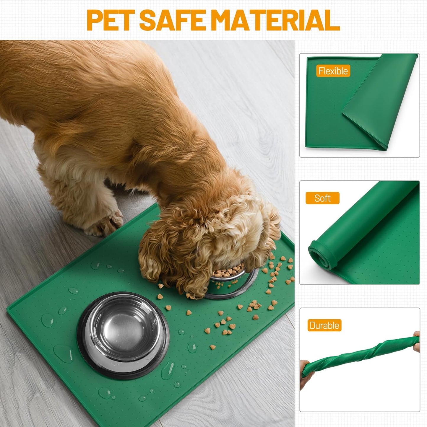 Hubulk Dog Feeding Mat,100% Waterproof Food Grade Silicone Pet Food and Water Bowl Placemat,Dishwasher, High Raised Edge to Prevent Spills,Nonslip Tray to Stop Messes on Floor（24"x16"x0.5",Hunter ）