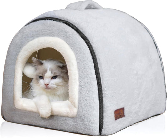 Cat Bed for Indoor Cats，Foldable cat cave，Anti-Slip & Water-Resistant Bottom，cat Houses for Indoor Cats or Small Dogs, Kitten Tent, Rabbit Bed，2 in 1 pet Bed (Grey)