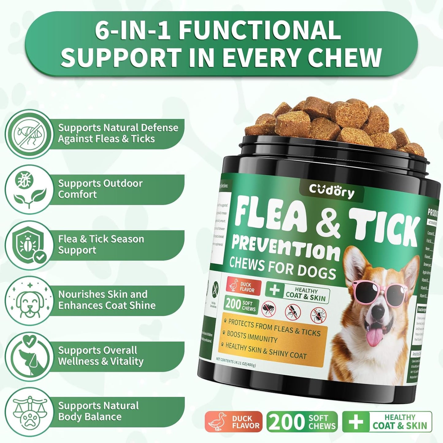 Flea and Tick Prevention for Dogs Chews – 200 Soft Chews, Dog Flea Chewables with Skin & Coat Support – Oral Supplement for All Breeds & Ages – Natural Duck Flavor