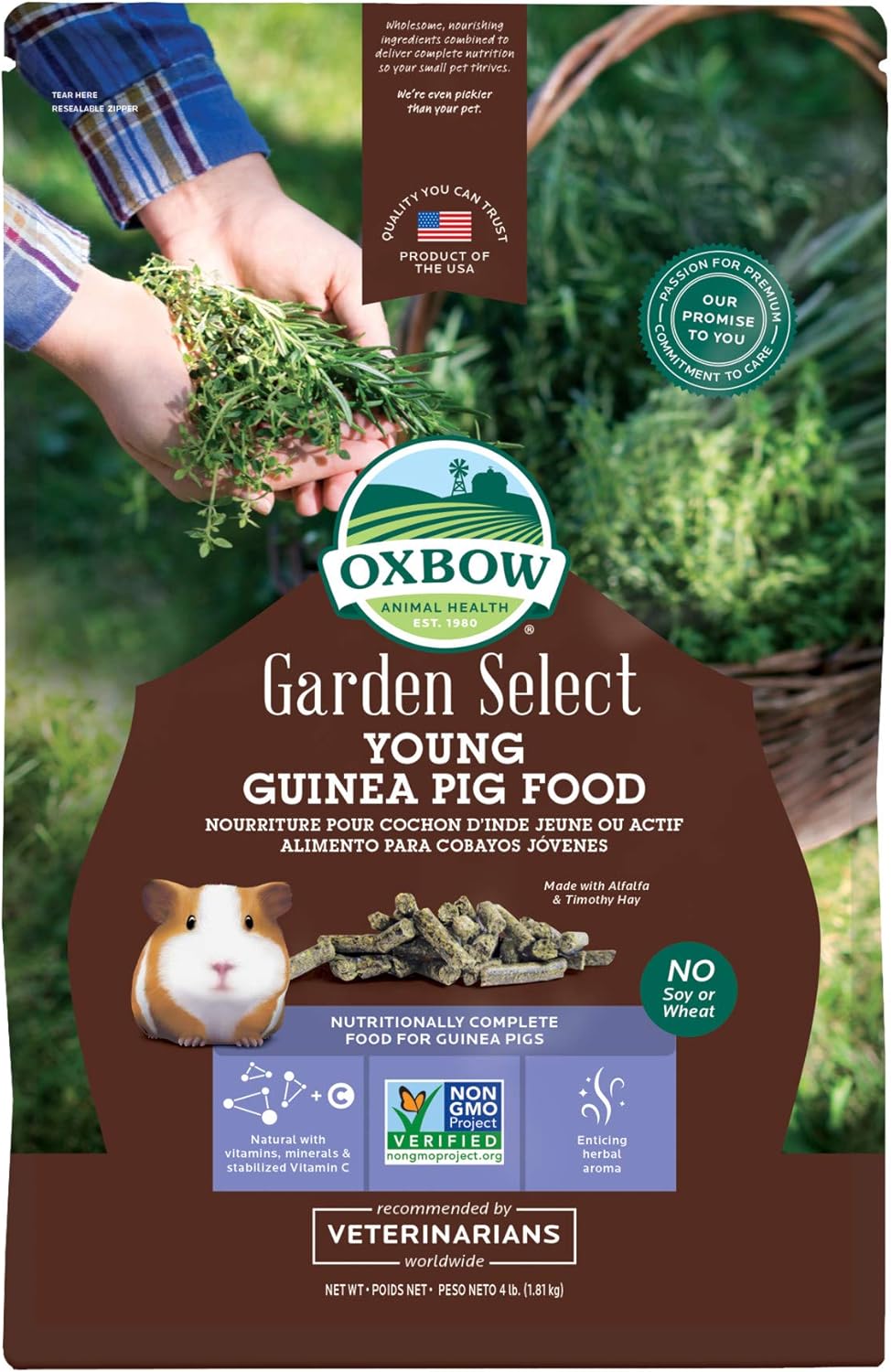 Oxbow Garden Select Guinea Pig Food, Young, Made Alfalfa for Guinea Pig, Pet Food Pellets with Vitamin C, Non-GMO, No Soy, Small Animal Pet Products, Made in USA, High Fiber, 4 lb. Bag