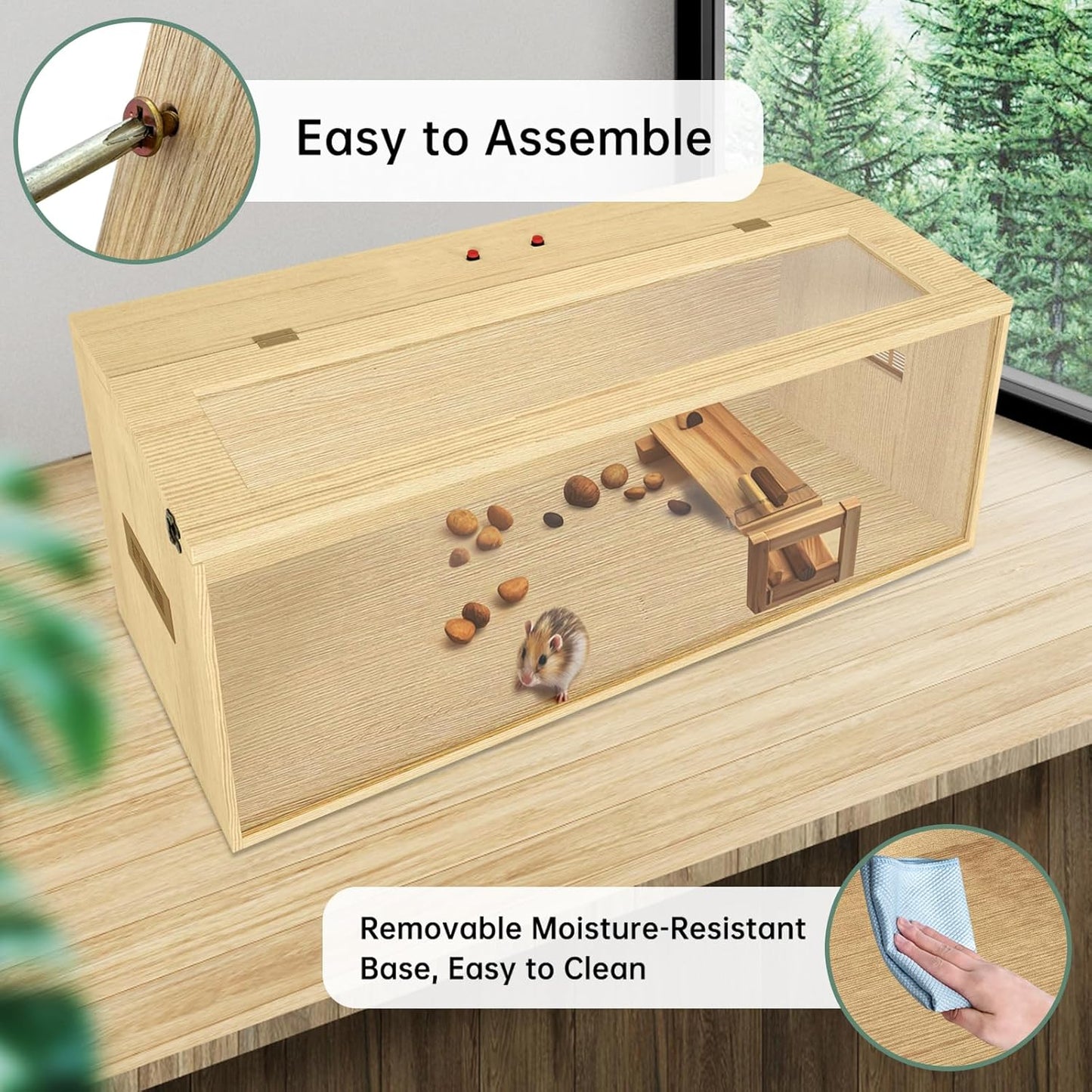 Large Hamster Cage 48", Top Opening Lockable Roof, Gerbil Cage with Ventilation Window, Dwarf Hamster Cages and Habitats, Chewproof Syrian Hamster Habitat Enclosure, (Wooden, 48" L x 20" W x 20" H)