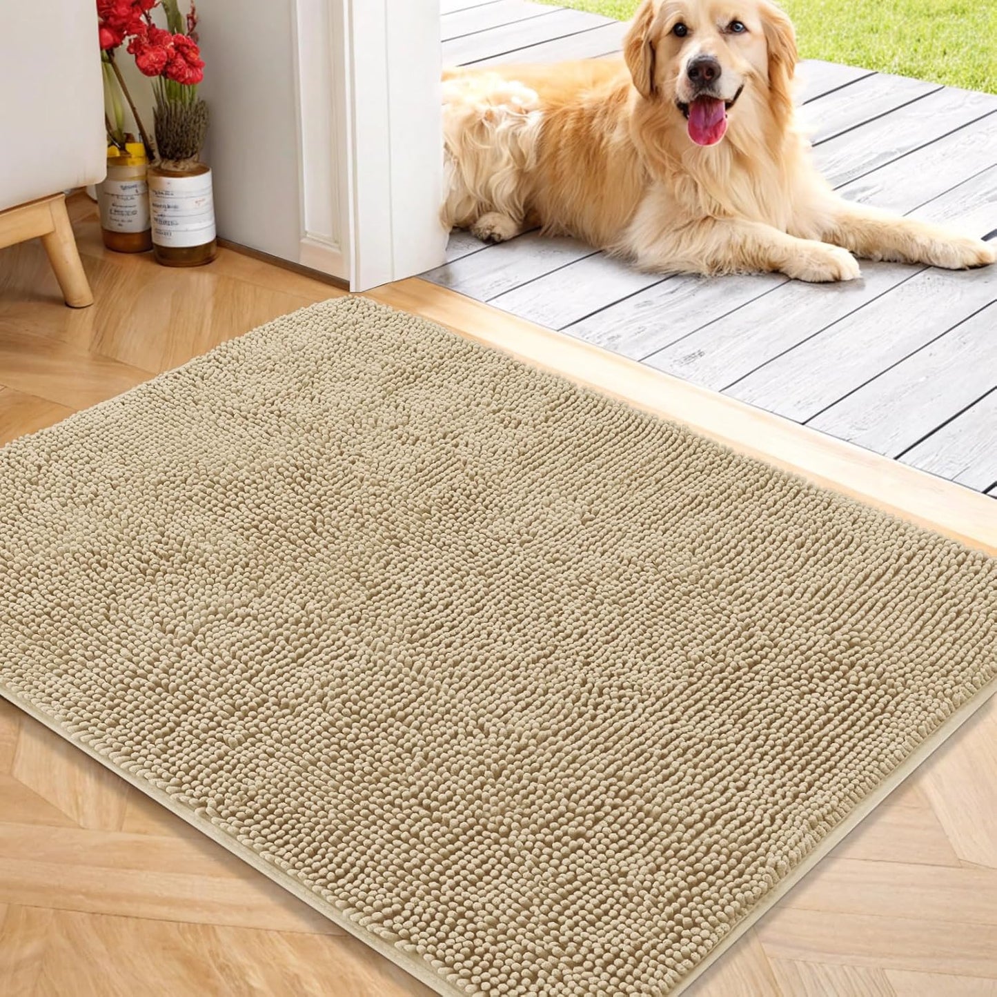 OLANLY Dog Door Mat for Muddy Paws 40x32, Absorbs Moisture and Dirt, Absorbent Non-Slip Washable Doormat, Quick Dry Chenille Mud Mat for Dogs, Entry Indoor Entryway Carpet for Inside Floor, Beige