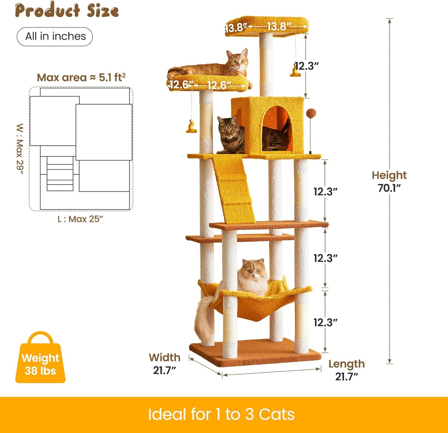 MWPO Cat Tree, 70.1-Inch Tall Cat Tower for Indoor Cats Large Adult, Multi-Level Cat Condo with 5 Scratching Posts, 2 Padded Perches, Hammock, Dangling Toys, Yellow